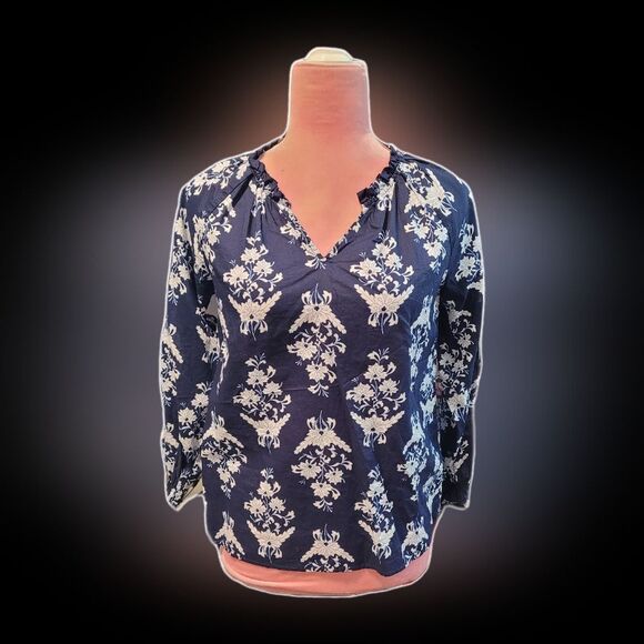 J. Crew Factory Navy Floral Long Sleeves - Picture 1 of 3